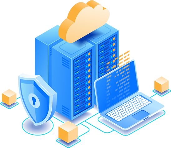 An image with blue servers and a blue shield representing DDoS protection