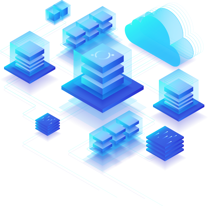 An image depicting a blue cloud with a bunch of web hosting servers surrounding it.