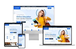 Responsive LMS website design displayed on a desktop, tablet and phone
