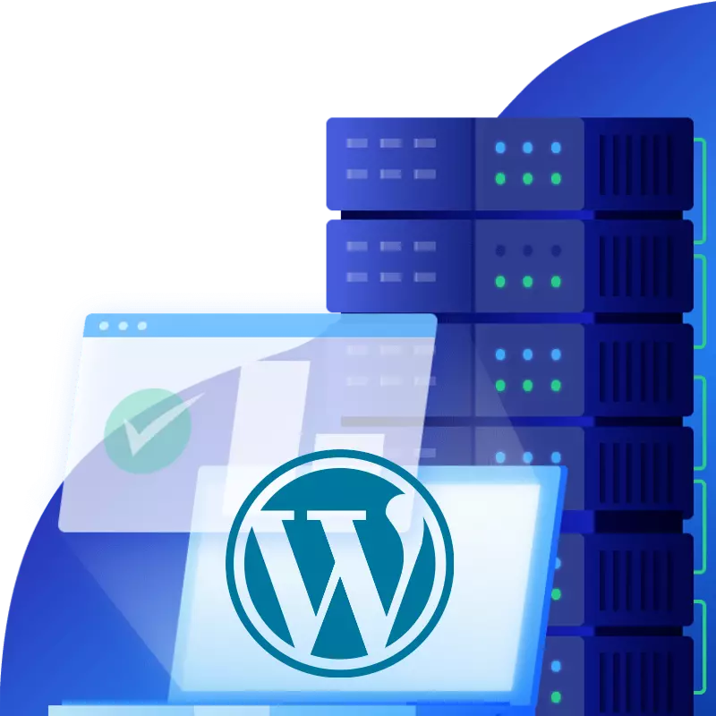 a laptop with a WordPress logo on it and servers in the background representing WordPress Hosting