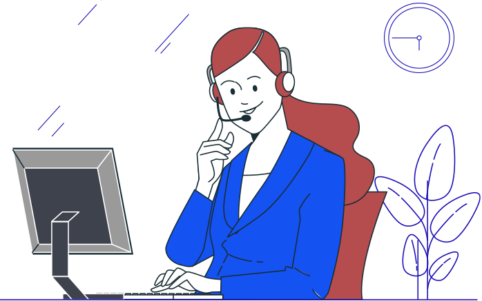 A web hosting call center lady with ginger hair sitting by a computer answering calls
