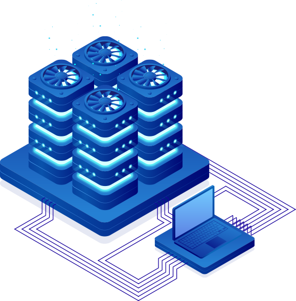 Four blue high-tech offshore web hosting servers