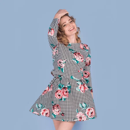 Black & White Checkered Dress with Floral Accents