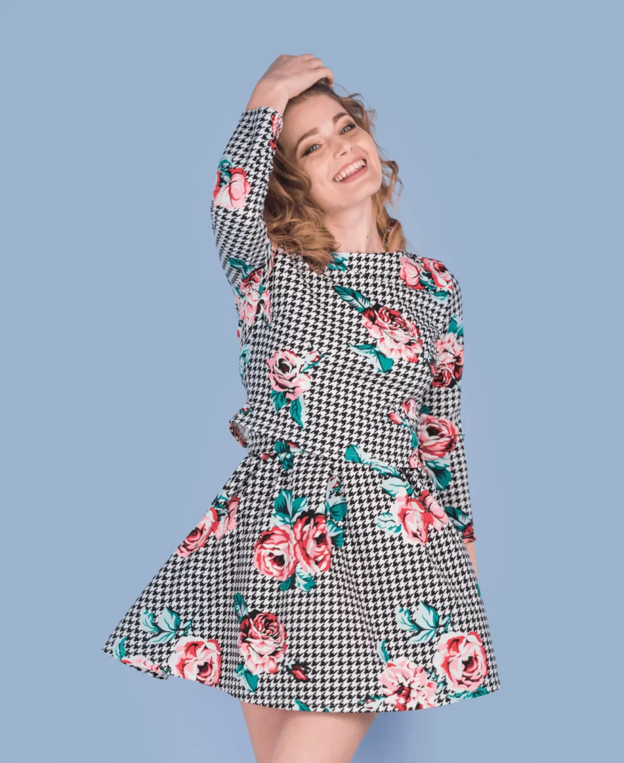 Black & White Checkered Dress with Floral Accents