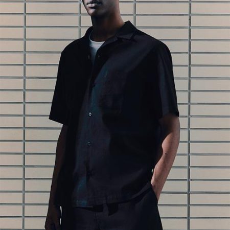 Regular fit linen-blend shirt - black