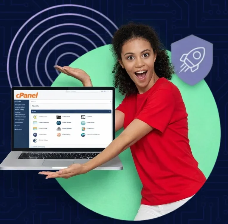 a Lady showcasing cPanel hosting on a laptop
