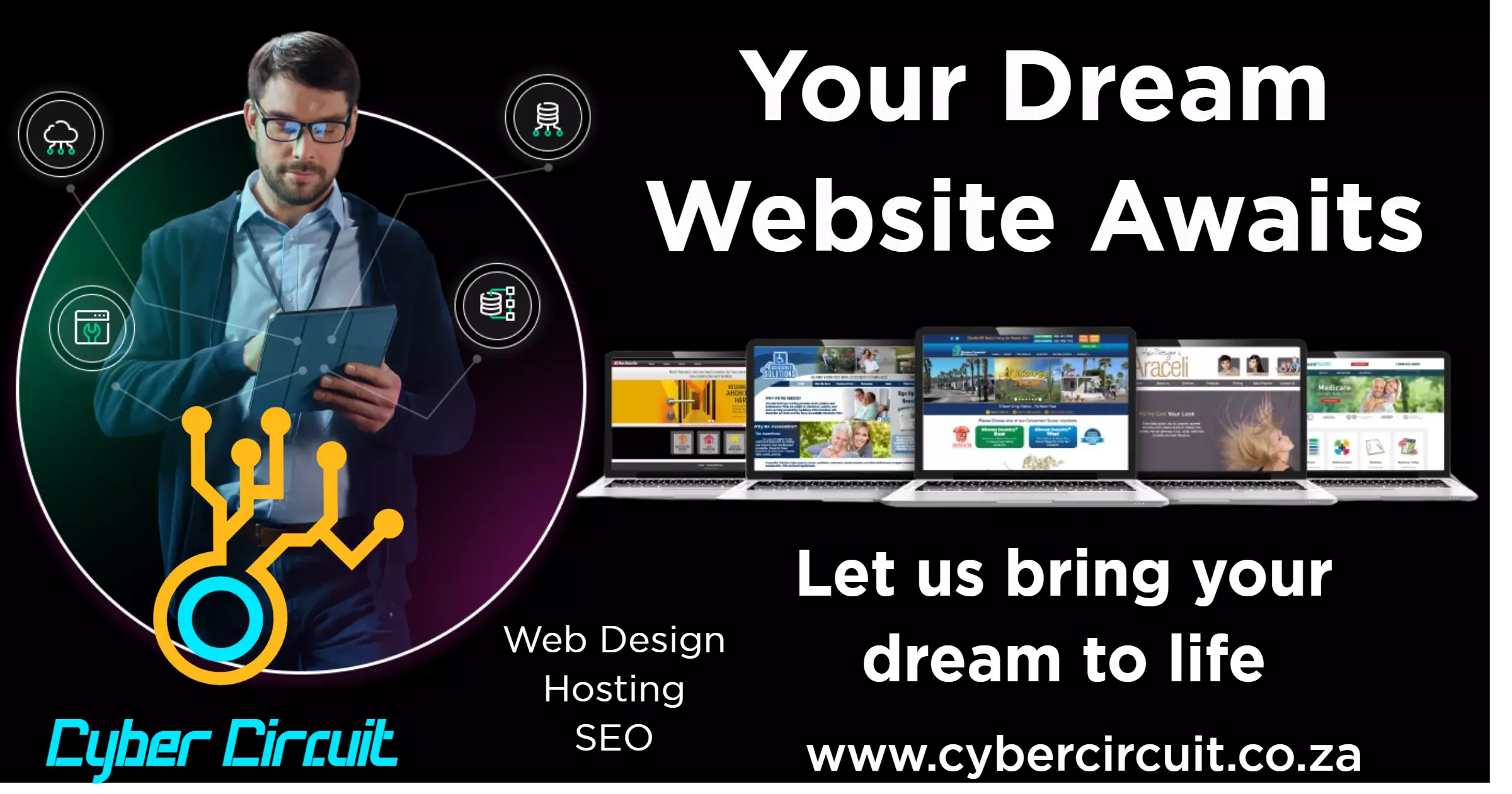 Website design Bloemfontein banner image with the words "your dream website awaits" written on it