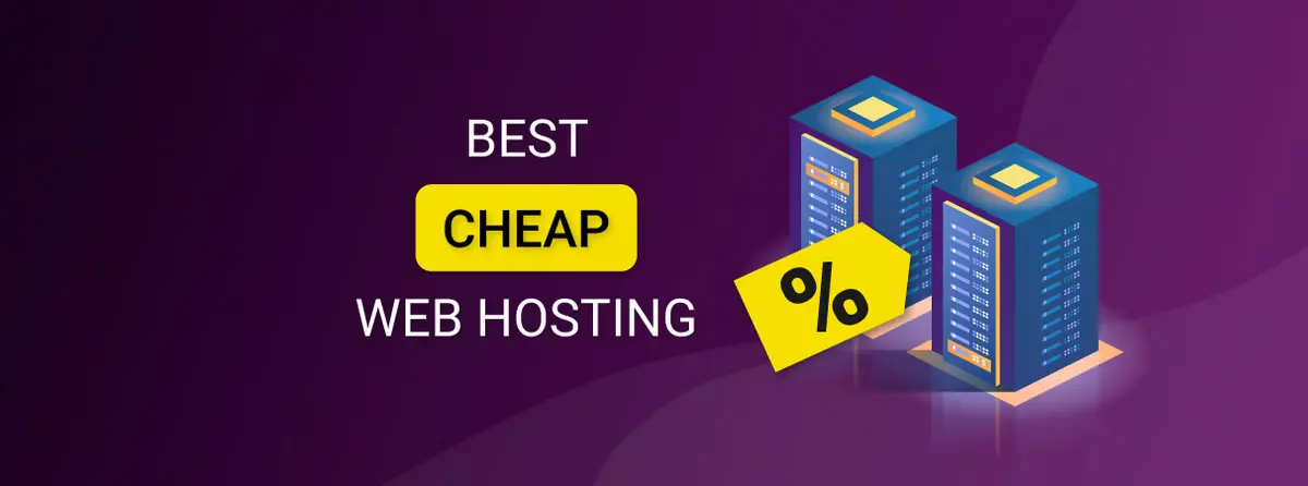 A purple background with the words cheap web hosting in South Africa and 2 blue servers
