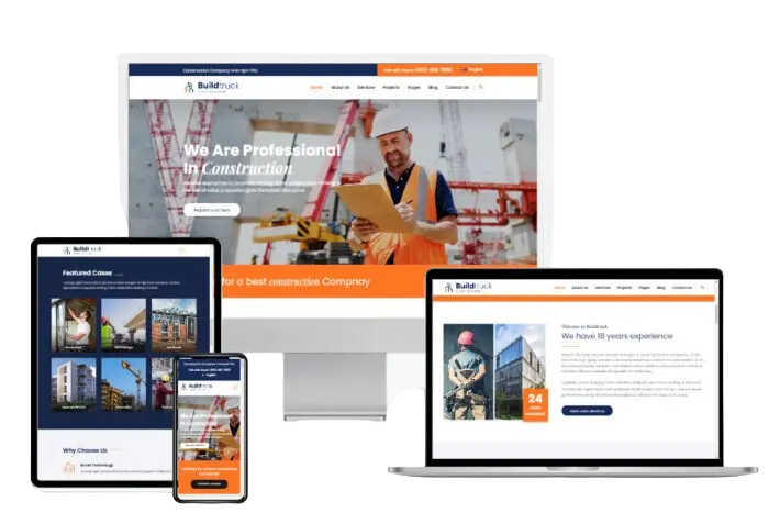 Sustainable construction website design displayed on multiple devices