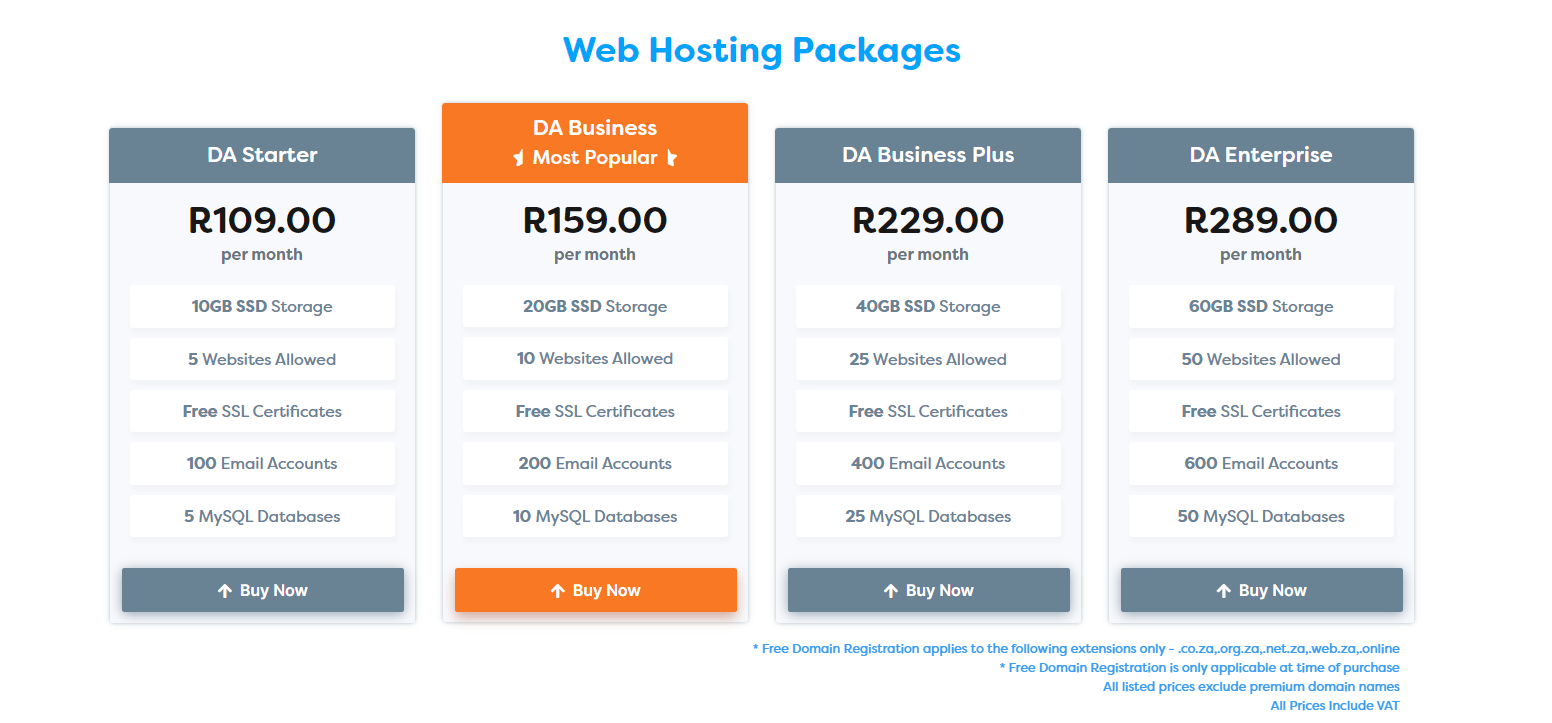 A screenshot of Domains.co.za's Hosting packages