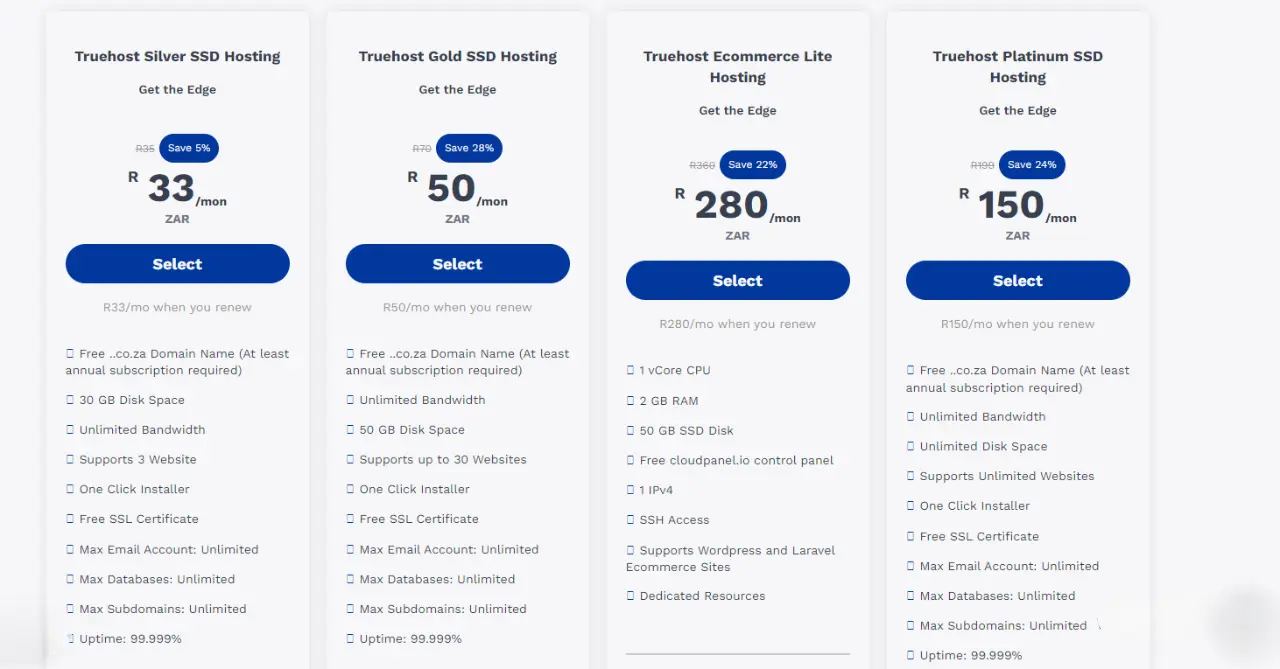 Screenshot of Truehost's pricing options