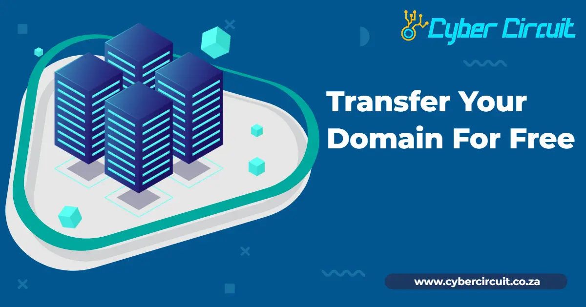 An image with the words 'Transfer Your domain for free' written on it with a blue server in the background