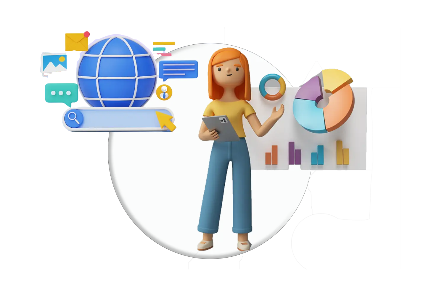 An animated image of an SEO expert with a bunch of charts floating around her