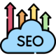 An icon depicting a blue cloud that says 'SEO' on it with a chart in the background showing SEO growth