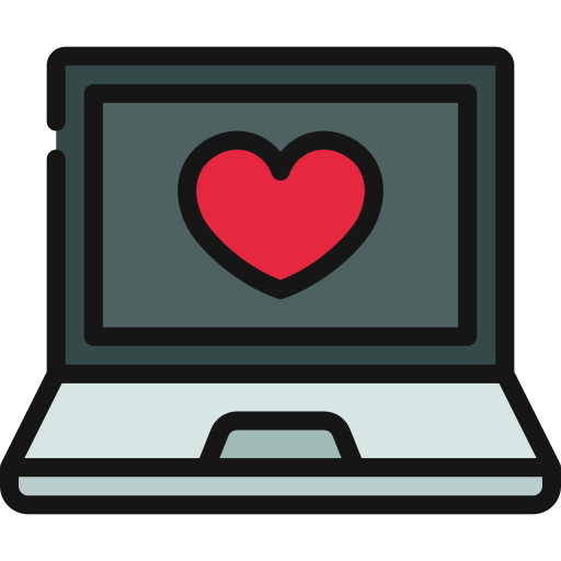 an icon of a laptop with a heart on the screen representing dating web design